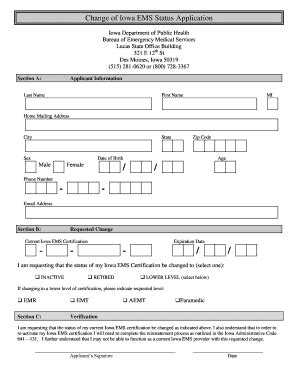 Fillable Online Idph State Ia Change Of Iowa EMS Status Application