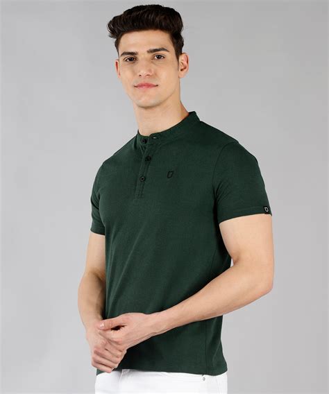 Mens Bottle Green Solid Mandarin Collar Slim Fit Half Sleeve Cotton T