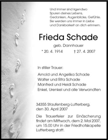 Traueranzeigen Von Frieda Schade Trauer Hna De