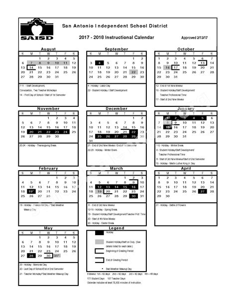 2017 - 2018 School Calendar | San Antonio Independent School District ...