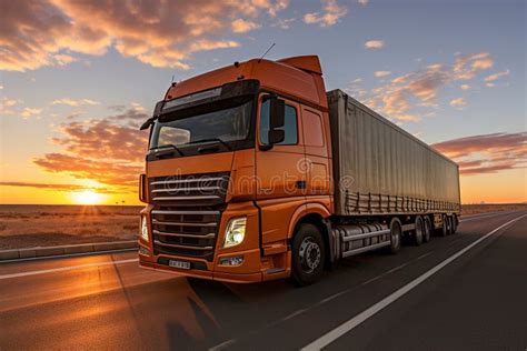 A Large Semi Truck Driving Down A Desert Road During The Day European