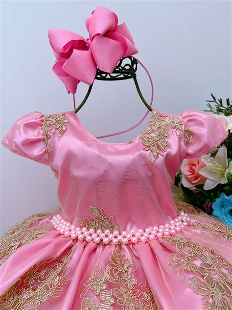 Vestido Infantil Rosa Renda Dourada P Rolas Realeza Rosa Charmosa