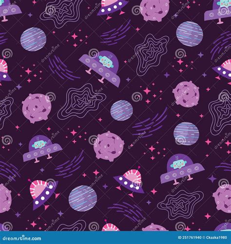 Space Seamless Vector Pattern Space Planets Stars Spaceship Aliens In The Doodle Style Stock