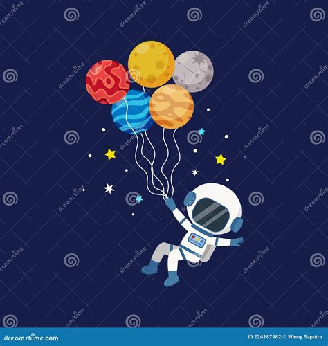 Astronauta Lindo Vuela En El Espacio Con Globos De Forma Planetario