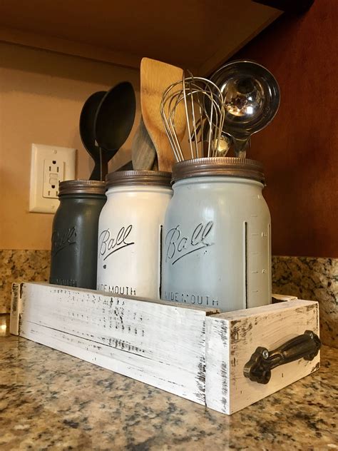 Mason Jar Utensil Holder Utensil Caddy Rustic Kitchen Storage Mason