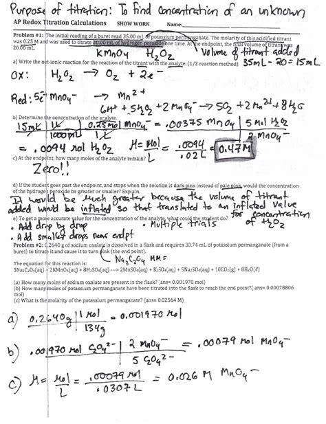 819 Notes Redox Titration Calculations Purpose Of Titration To Find Concentration Of An