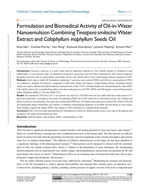 Pdf Formulation And Biomedical Activity Of Oil In Water Nanoemulsion