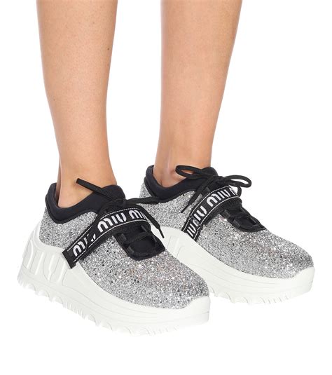 Miu Miu Logo Glitter Sneakers In Silver Metallic Lyst