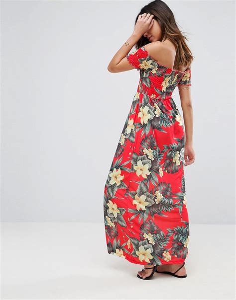 Lyst Asos Off Shoulder Maxi Sundress With Shirring In Hawaiian Print