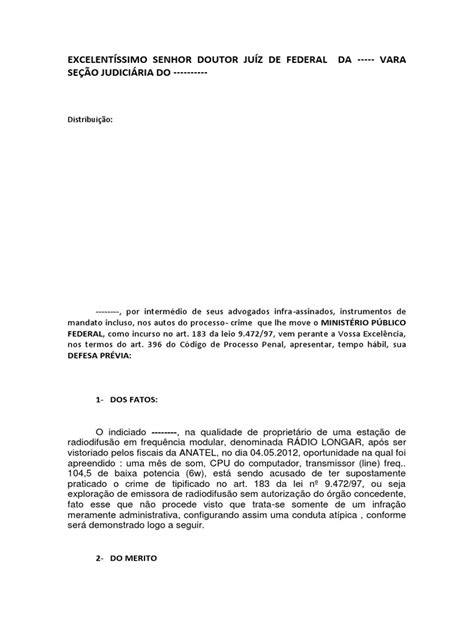 Modelo De Defesa Previa Pdf Radiodifusão Crime E Violência