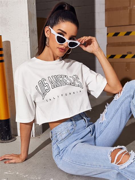 Shein Letter Graphic Crop Tee Cropped Tee Outfit Cropped White Tee Tee Outfit Summer