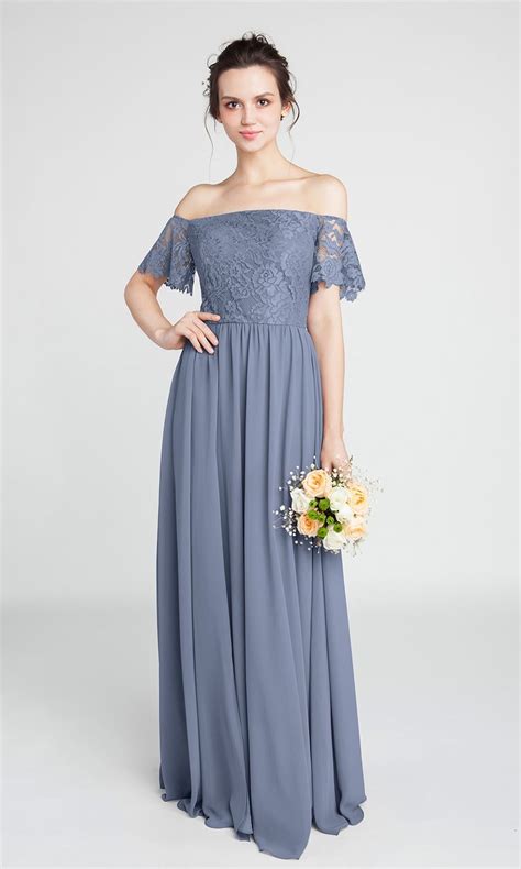 Gorgeous Lace Off The Shoulder Bridesmaid Gown With Chiffon Skirt Tbqp402 Blue Bridesmaid