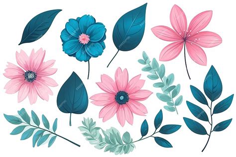 Pink Blue Flower And Leaf Isolated Clipart Set Premium Ai Generated Image