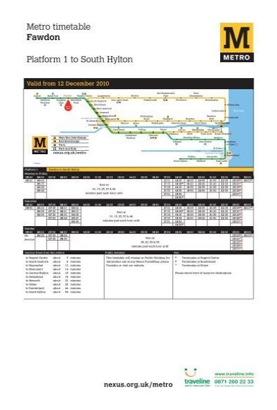 Metro timetable Fawdon Platform 1 to South Hylton - Travel North East