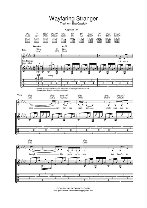 Wayfaring Stranger Sheet Music By Eva Marie Cassidy For Guitar Tab