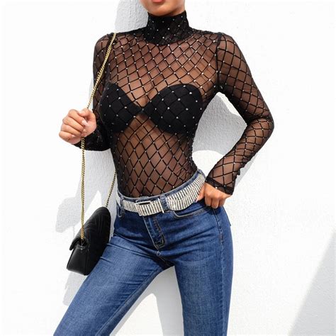 New 2019 Women Black Plaid Sheer Mesh Lace Bodysuits Long Sleeve