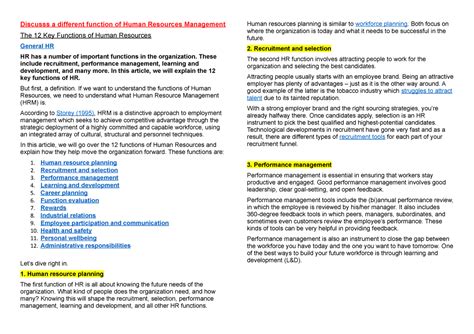 The 12 Key Functions Of Human Resources Discusss A Different Function