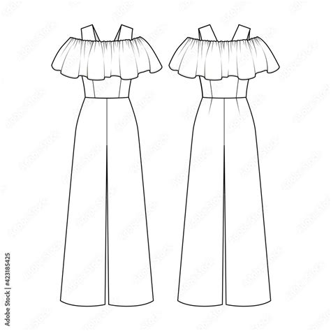 Fashion Technical Drawing Of Womens Jumpsuit With Frills On Shoulders