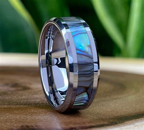 Tungsten Carbide Ring Mother Of Pearl Inlay Wedding Bridal Band Shiny