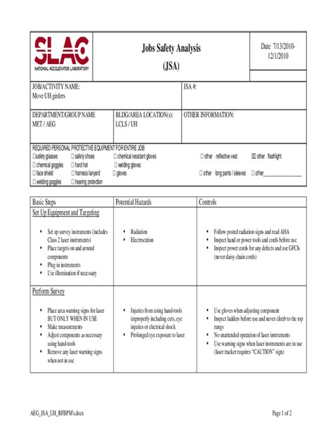 Fillable Online Group Slac Stanford Job Safety Analysis Jsa Form