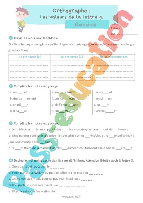 Les Valeurs De La Lettre G Exercices D Orthographe Pour Le Ce Pdf