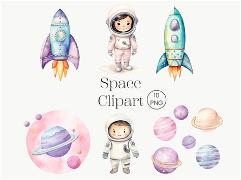 Watercolor Space Clipart Bundle Png Rocket Clipart Astronaut