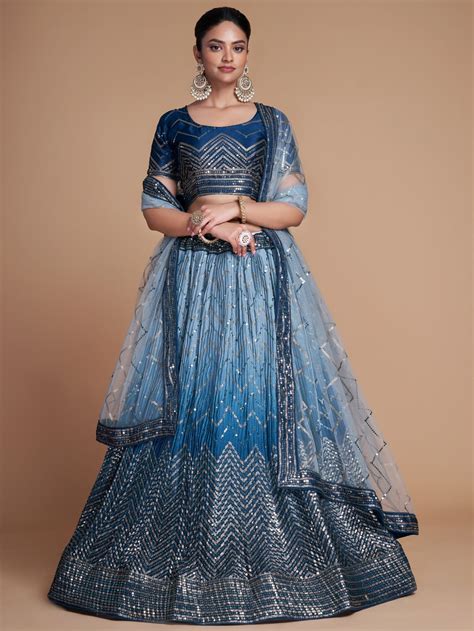 Buy Blue Sequins Chinon Sangeet Wear Lehenga Choli From Ethnic Plus