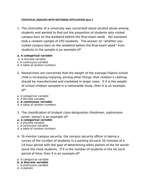 Statistical Analysis WITH Software Application Quiz 1 STATISTICAL