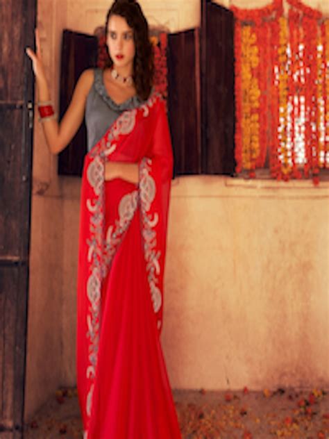 Buy Shaily Women Red White Floral Embroidered Pure Chiffon Saree