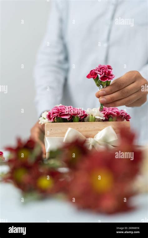 Crop Anonymous Female Florist Arranging Pink And White Carnations In