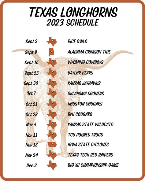 Texas Longhorns 2023 Football Schedule Printable MULTIPLE - Etsy ...