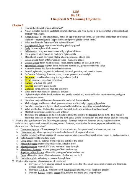 Anp Lo Summary Human Anatomy And Physiology I Lo Bio Chapters