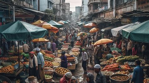 Un Mercado Con Mucha Gente Y Mucha Comida Foto Premium