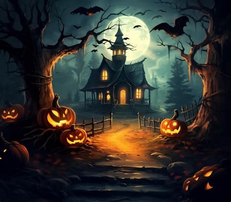 Premium AI Image Halloween Scene With A Creepy House And Pumpkins In