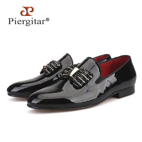 Piergitar 2018 New Black Patent Leather Men Handmade Loafers With Black