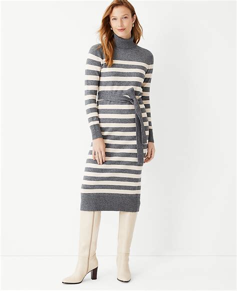 Stripe Belted Turtleneck Sweater Dress