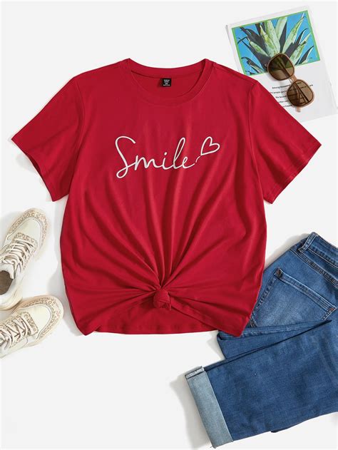 Shein Lune Plus Letter And Heart Print Tee Shein Usa