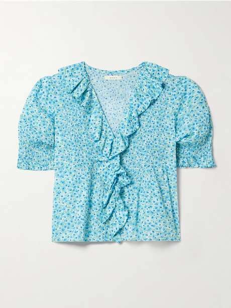 D En Henri Ruffled Pintucked Floral Print Organic Cotton Voile Top