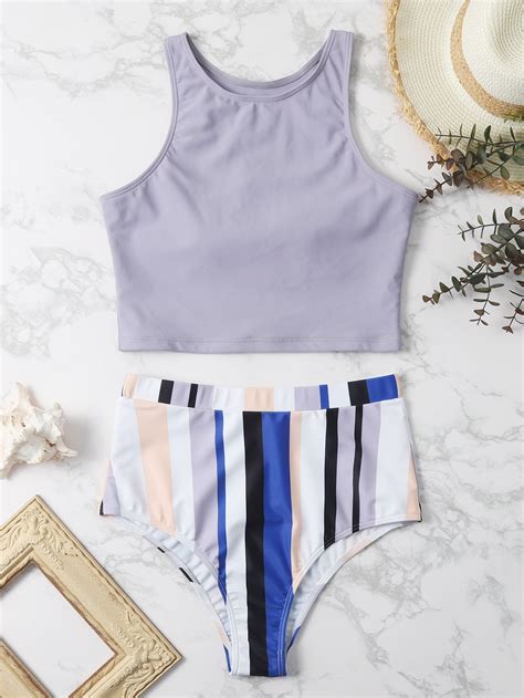Striped High Waisted Bikini Swimsuit