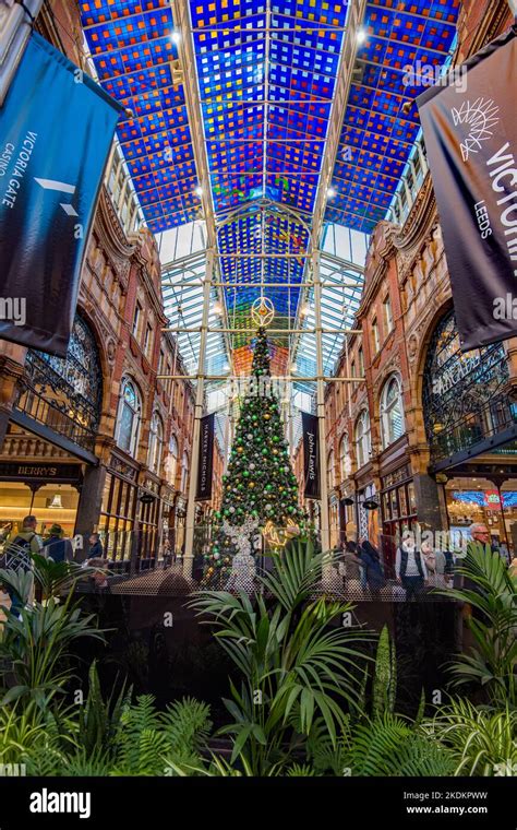 Christmas tree in a splendid Victorian arcade in Victoria, Leeds ---off ...