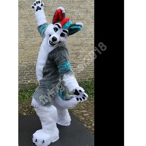 Unisex Long Fur Furry Husky Dog Mascot Costume For Halloween, Christmas, And Fancy Parties Grey ...