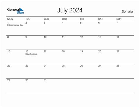 Printable July Monthly Calendar With Holidays For Somalia