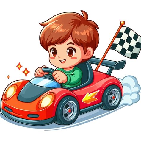 Cartoon Little Boy Driving Racing Car Premium Ai Generated Vector