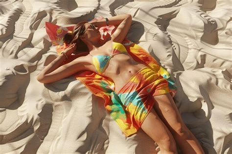 Mujer Joven Tomando El Sol En Una Toalla De Colores Extendida Foto