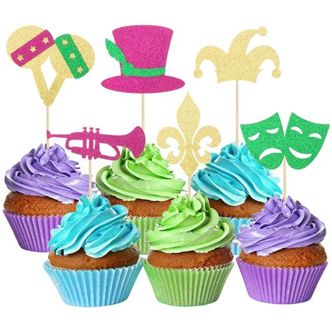 Amazon Gyufise Pack Glitter Mardi Gras Cupcake Toppers