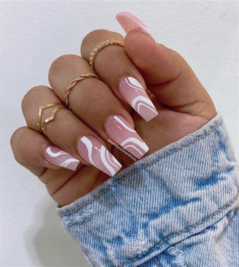 Nude Nails With White Details White Swirly Acrylic Nails I Take