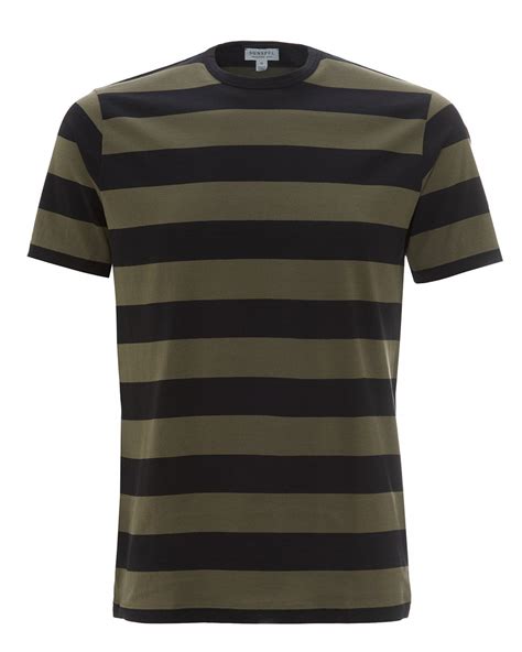 Sunspel Mens Bold Stripe T Shirt Military Green Black Tee