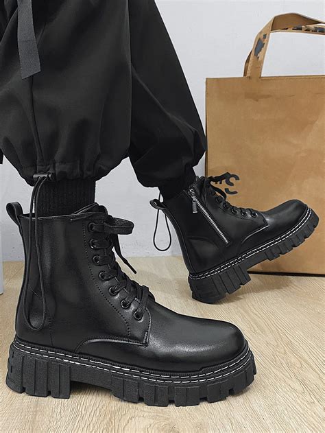 Men Lace Up Front Side Zipper Combat Boots Boots Outfit Men Black