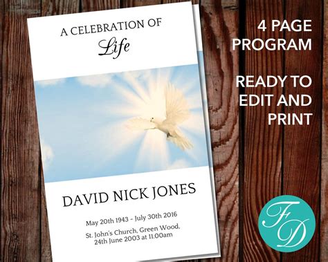 Dove Funeral Program Template Celebration of Life Program Dove Obituary Template Dove Memorial ...