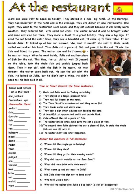 At The Restaurant Reading For Detail English Esl Worksheets Pdf Doc